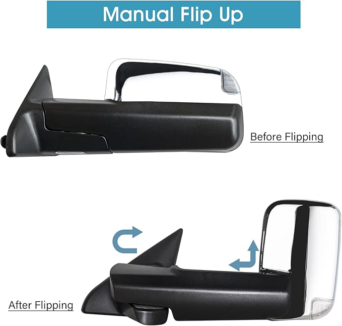 BOOLEE Towing Mirrors Power Heated Compatible with 2009-2018 Dodge Ram 1500 2500 3500 Turn Signal Lamp Puddle Light Temperature Sensor Pickup Truck Tow Mirrors Chrome