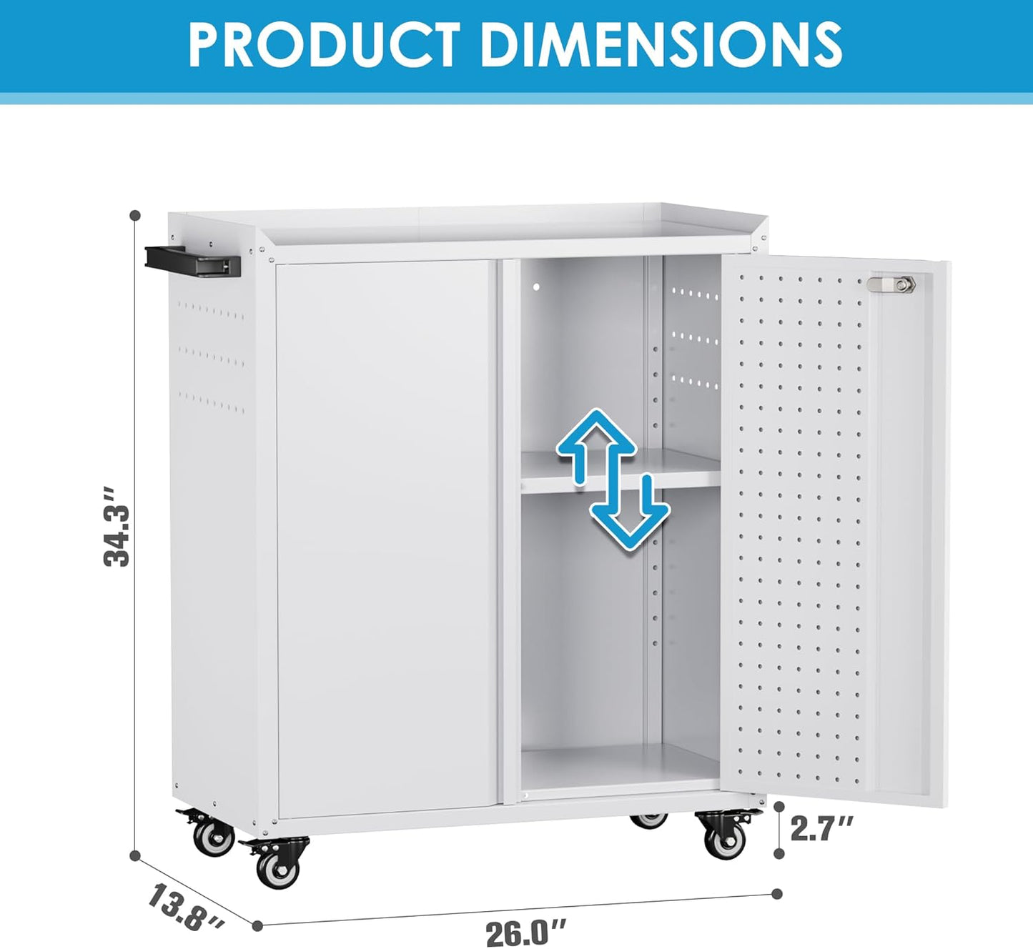 Metal Storage Cabinet with 2 Doors and 4 Hooks,34" H Top Workbench Mobile Tool Chests Garage Cabinets with 4 Wheels and Lock/Push Arm for Home,Office,Shop(White)