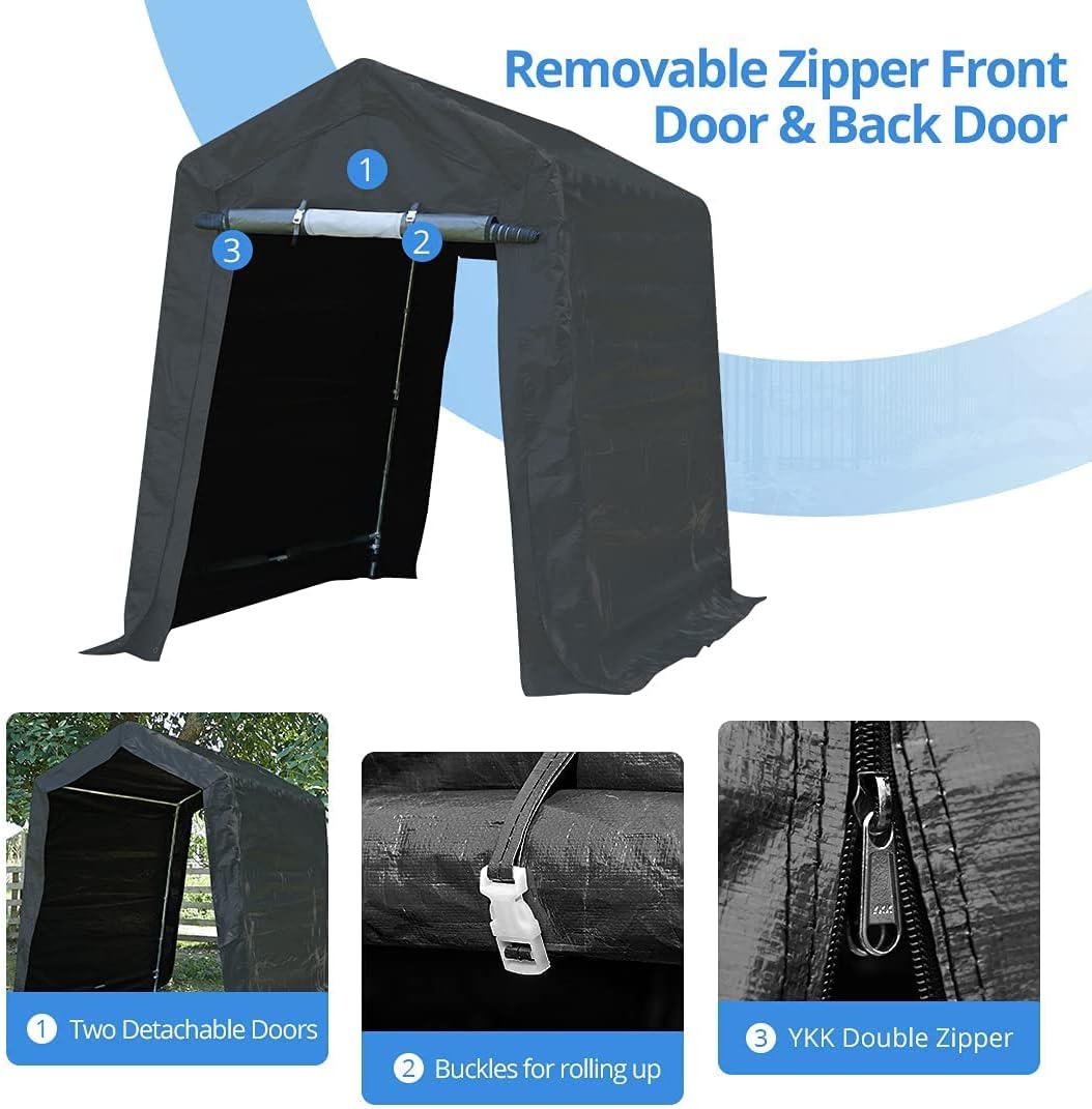 ADVANCE OUTDOOR 6x8 ft Outdoor Portable Storage Shelter Shed with 2 Roll up Zipper Doors & Vents Carport for Motorcycle Waterproof and UV Resistant Portable Garage Kit Tent, Gray