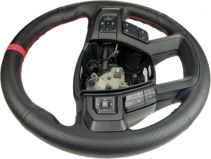 Black Side Perforated Leather Red Marker Steering Wheel Protector Cover Hand-Stitch on Wrap Fit For Ford F-150 F250 King Ranch/Lariat/XL/XLT/Limited/Platinum/Police Responder 2015-2020 (Black Leather)