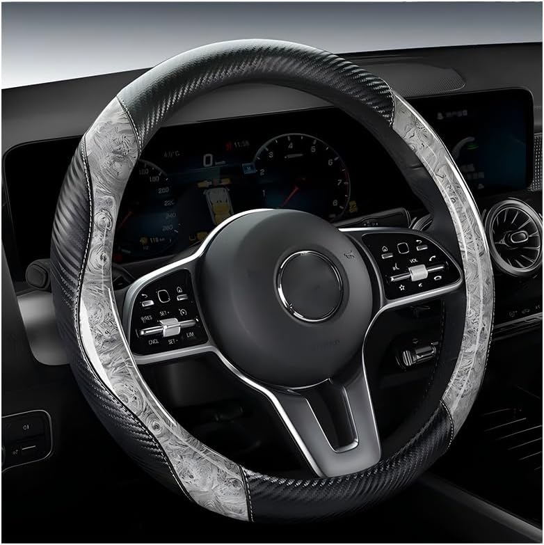Wood Grain Steering Wheel Cover Carbon Car Steering Wheel Covers 14 1/2-15 inch with Coasters Microfiber Leather Splicing Breathable Anti-Slip Durable Universal Steering Wheel Protective - Gray
