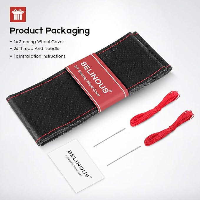 BELINOUS Universal Leather Car Steering Wheel Cover, Stitch On Wrap (Size L2, Black)