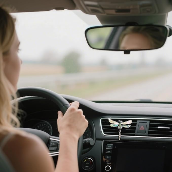 Dragonfly Car Decor,Cute Car Air Freshener Vent Clip,Iridescent Abalone Shell Dashboard Decoration Gift for Women Teens,Refillable Diffuser(Beige)