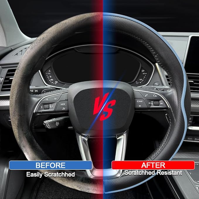 Leather Steering Wheel Cover， with Anti-Slip Stripe Design - Enhanced Grip, Fashion Style, Safe, Non-Slip, Breathable. Upgrade car Interior，Black Blue