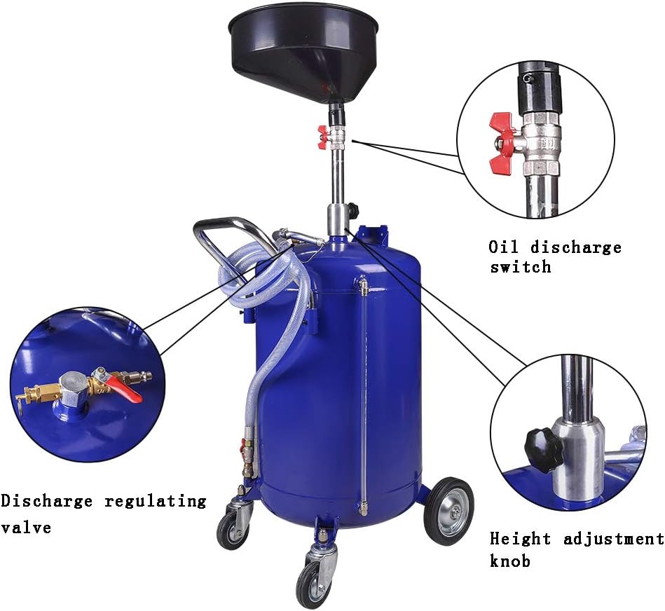 redsun 30 Gallon Waste Oil Drain Tank, Air Operated Oil Drain Container for Quick Fluid Change, Adjustable Funnel Height (53"-80") with Wheels – for Waste Oil Removal in Auto Shops, Garages