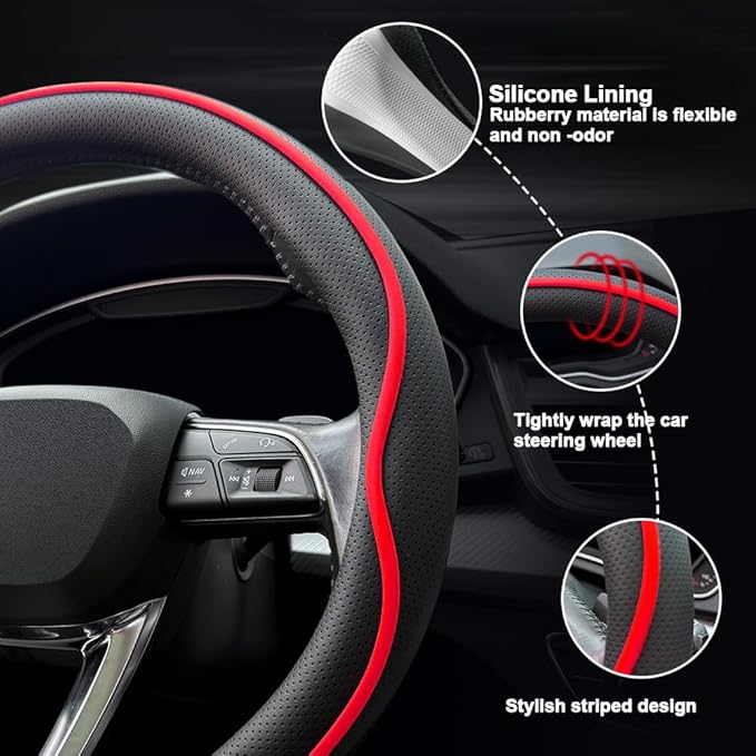 Leather Steering Wheel Cover， with Anti-Slip Stripe Design - Enhanced Grip, Fashion Style, Safe, Non-Slip, Breathable. Upgrade car Interior，Black red