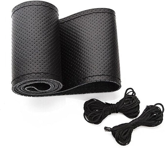 BELINOUS Universal Leather Car Steering Wheel Cover, Stitch On Wrap (Size M5, Black)