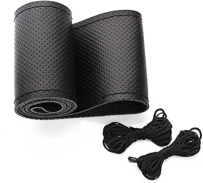 BELINOUS Universal Leather Car Steering Wheel Cover, Stitch On Wrap (Size S3, Black)