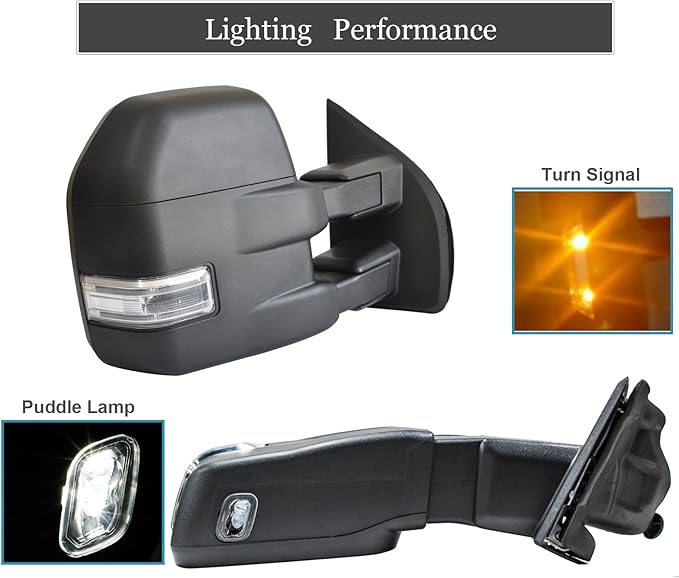 ReYee Towing Mirrors fit 2015 2016 2017 2018 2019 2020 Ford F150 Pickup Truck with Heated Power Turn Signal Temperature Sensor Puddle Light Auxiliary Lamp Manual Extendable Chrome Cap 22 Pin Plug