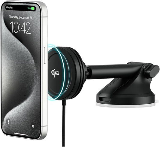 iOttie Velox Qi2 Mini 15W Wireless Charger Car Mount - Dash & Windshield Car Phone Holder - MagSafe Compatible iPhone Mount for Qi2 Smartphones (iPhone 12, 13, 14, 15, and 16) - Car Charger Included