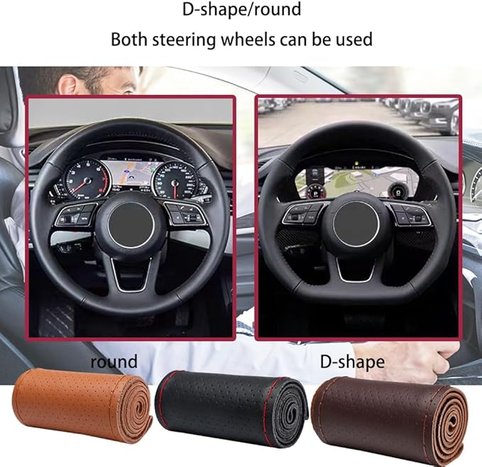 DEEYOTA Car Steering Wheel Cover Universal Fit Round Stitch Steering Wheel Wrap Thin PU Leather Steering Wheel Cover Sewn on 15" Car Wheel (Coffee)