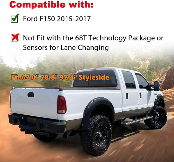 PIT66 Fender Flares, Compatible With 2015-2017 Ford F150 Styleside with 67.0" / 78.8" / 97.4" Length Bed (Not Fit for 68T Technology Pack or Lane Change Sensor) Textured Pocket-Rivet Wheel 4PCS