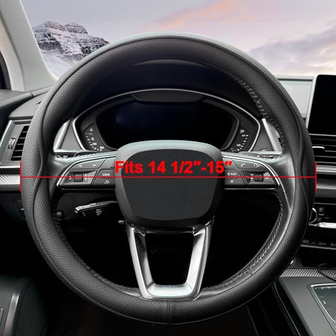 Leather Steering Wheel Cover， with Anti-Slip Stripe Design - Enhanced Grip, Fashion Style, Safe, Non-Slip, Breathable. Upgrade car Interior，Black