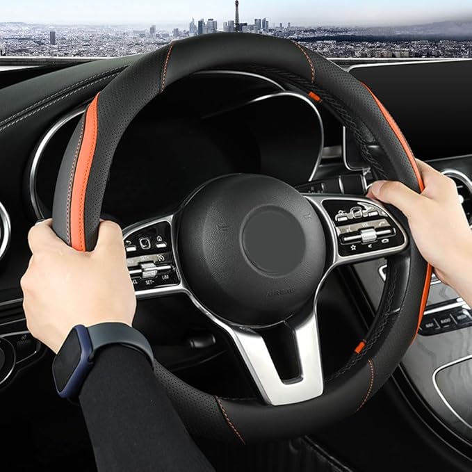 Car Steering Wheel Cover, Leather Steering Wheel Cover Orange Universal 14.5-15 Inch Microfiber Leather Anti-Slip Breathable Auto Steering Wheel Covers for Men Women (Black&Orange)