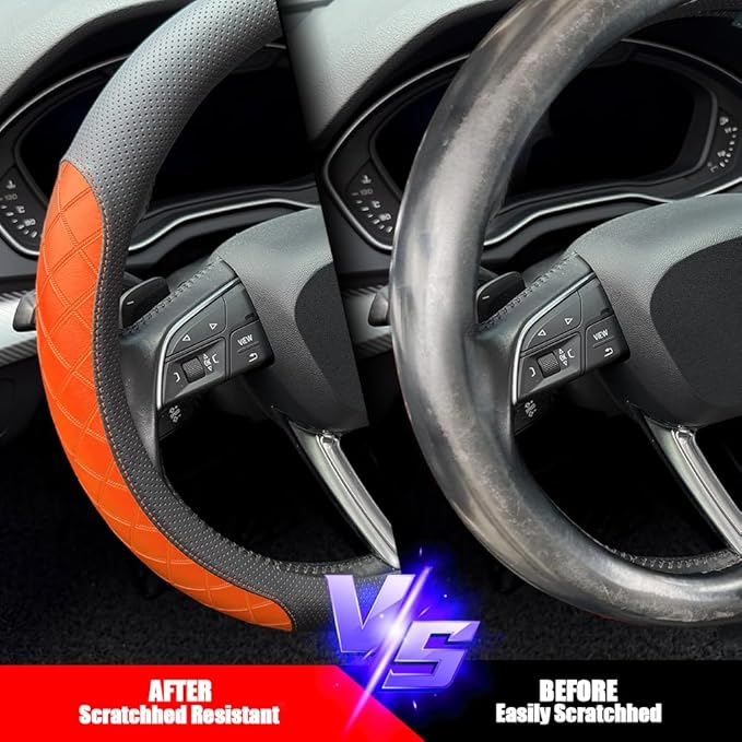 LKWLIKEI Nappa Leather Steering Wheel Cover, Diamond Checkered Design, Non-Slip wear-Resistant, Enhance Driving Comfort, Suitable for Steering Wheel Diameter 14 1/2‘-15’ Models.Black Orange