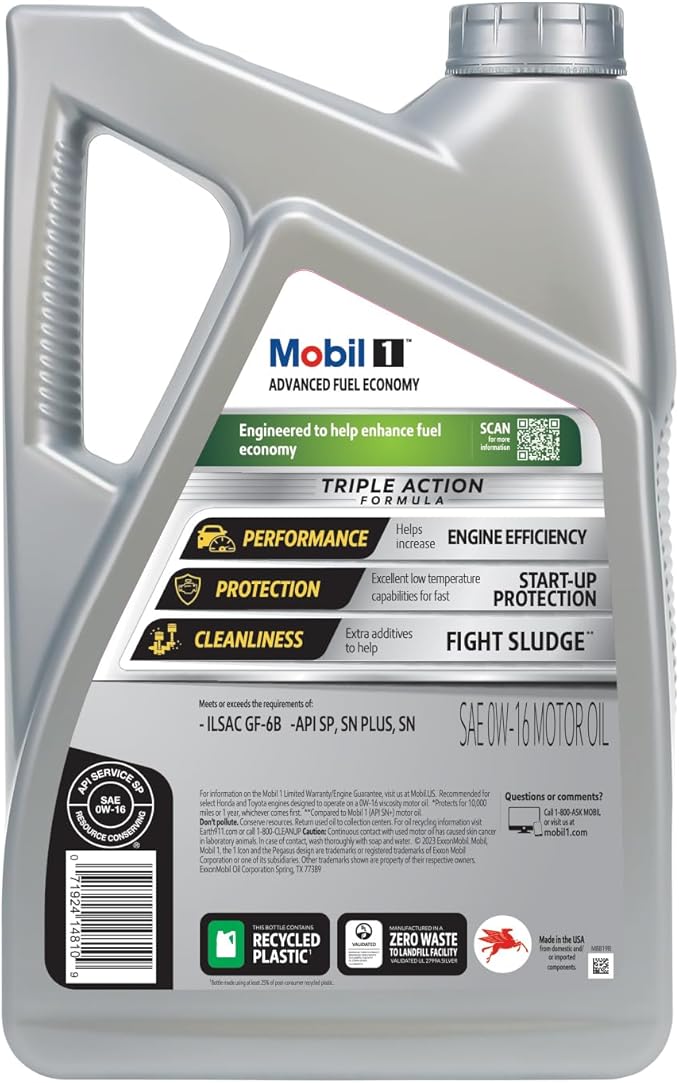 Mobil 1 Advanced Fuel Economy Full Synthetic Motor Oil 0W-16, 5 Quart