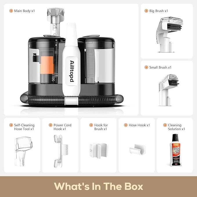 Upholstery Cleaner Machine, Portable Carpet & 15Kpa Upholstery Spot Cleaner Machine, Deep Stain Cleaning for Carpet, Pets, Stairs, Car Seat, Couch, with Dual Size BrushHead and Cleaning Solutions