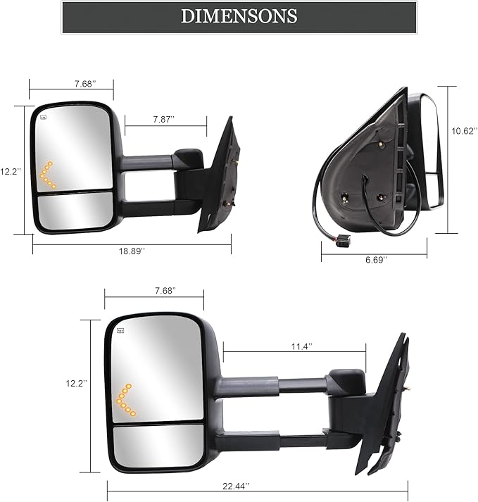 ReYee Towing Mirrors for 2007-2014 Chevy Silverado 1500 2500 3500 Tahoe Suburban GMC Sierra Yukon Tow Mirror with Power Adjust Heated LED Arrow Signal Light Manual Folding Telescoping Black Cap LH RH