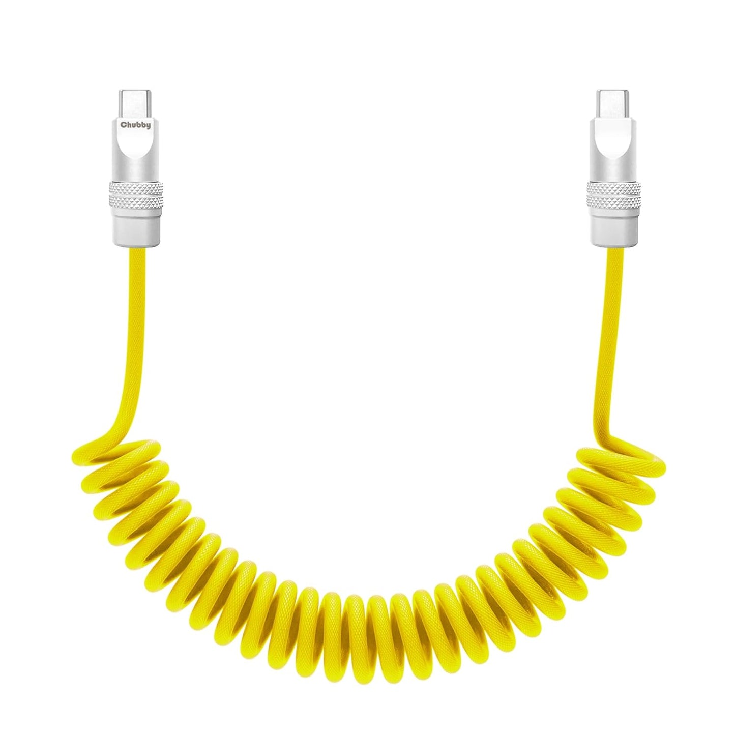 chubbycable Curly Chubby - Retractable Fast Charging Cable 240W Coiled Charger Cord for Car Durable USB-C Cable for Phones, Tablets and More, Yellow, Type-C to Type-C, 1.3FT-2.3FT