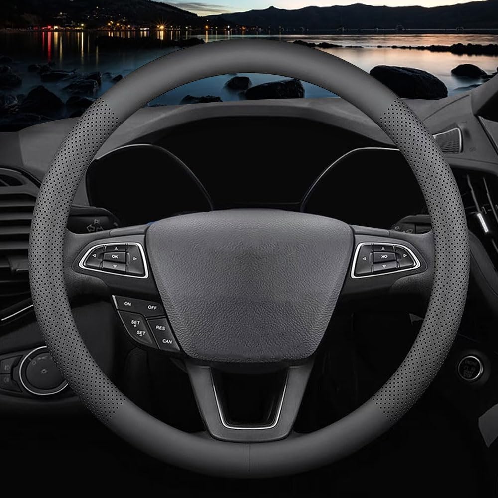 New Nappa Leather car Steering Wheel Cover，for Car Truck SUV 15 inch (Black)