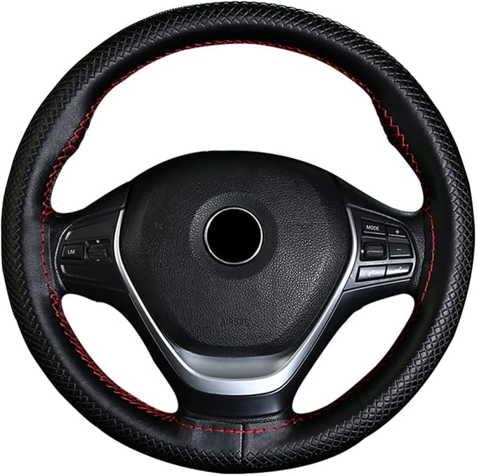 DEEYOTA Car Steering Wheel Cover Universal Fit Round Stitch Steering Wheel Wrap Thin PU Leather Steering Wheel Cover Sewn on 15" Car Wheel (Coffee)