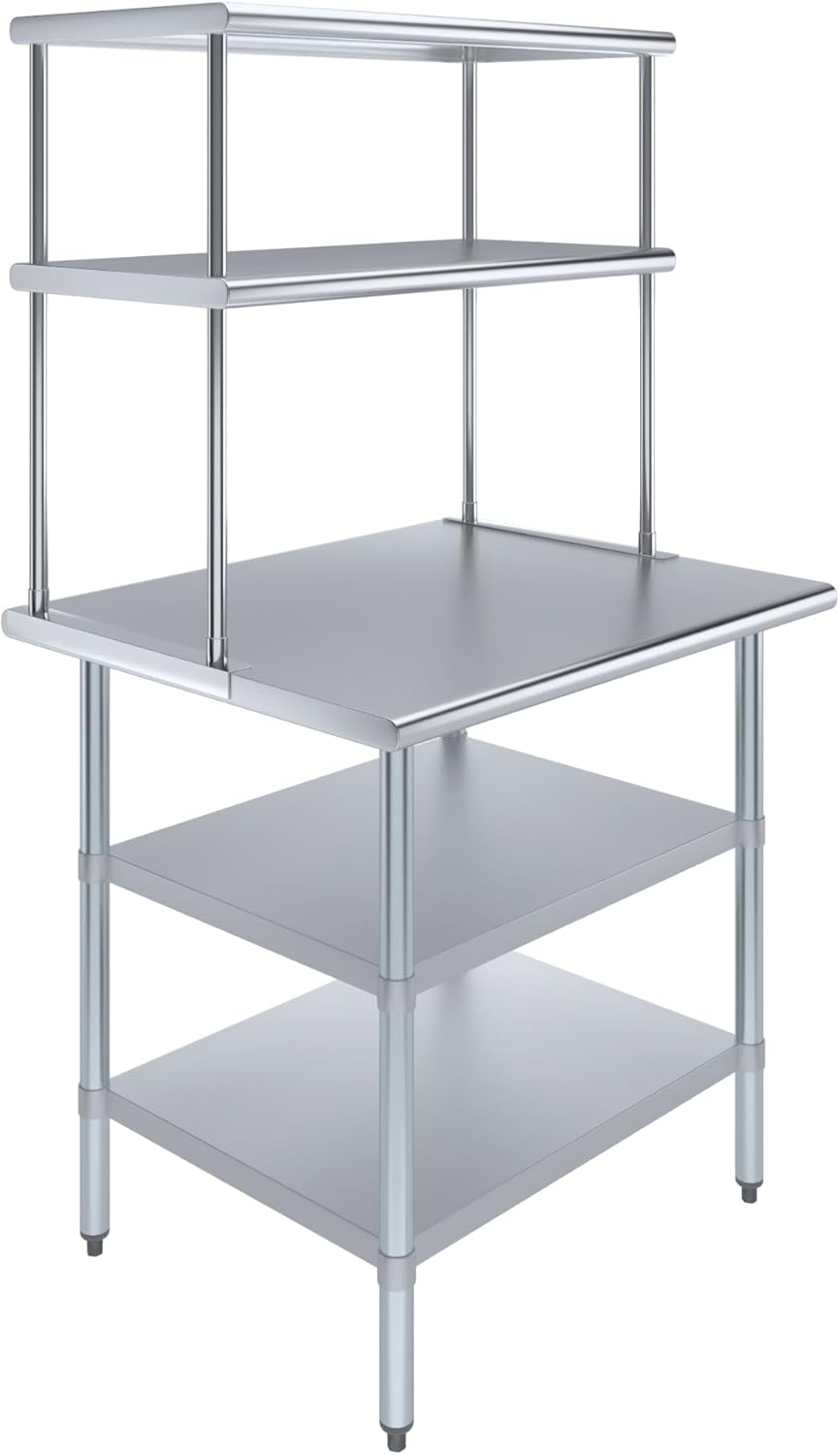 Amgood Stainless Steel Work Table with 2 Shelves | Metal Kitchen Prep Table & Shelving Combo (30" x 36" Table with 2 Shelves + 18" Overshelf)
