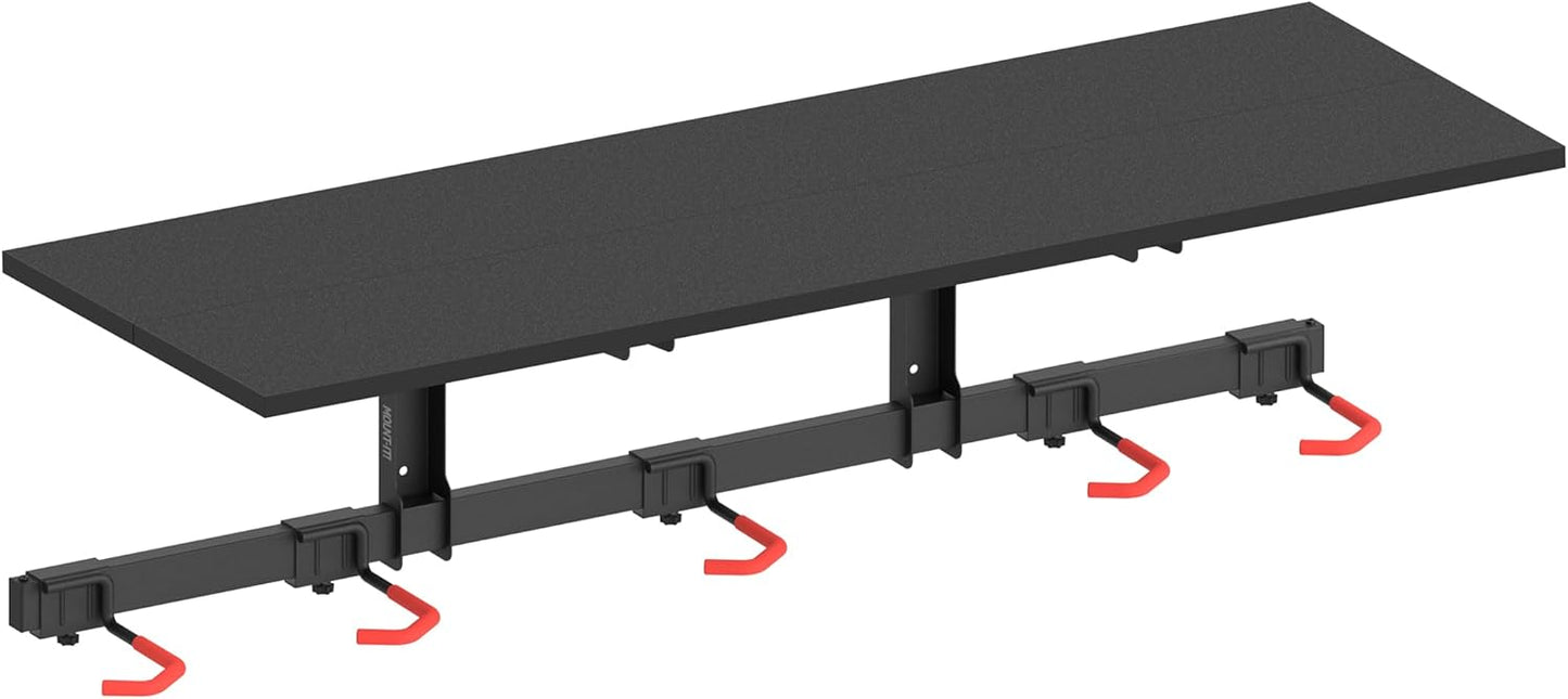 Mount-It! WheelsUp Bike Storage Rack with Shelf | Wall Mounted Garage Organizer Holds 5 Bikes | Adjustable Padded Hooks, Max Capacity 385 lbs | Space-Saving Solution