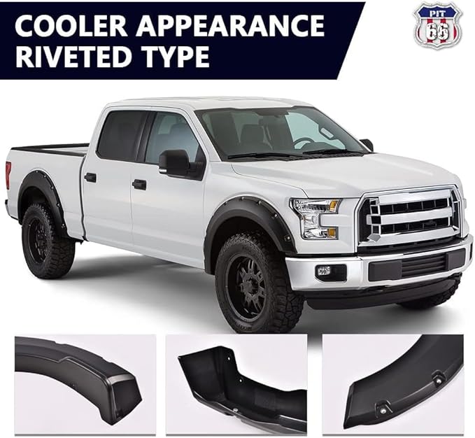 PIT66 4PCS Smooth Pocket-Rivet Wheel Fender Flares, Compatible With 2015 2016 2017 Ford F150 Styleside with 67.0" / 78.8" / 97.4" Length Bed (Not Fit for 68T Technology Pack or Lane Change Sensor)