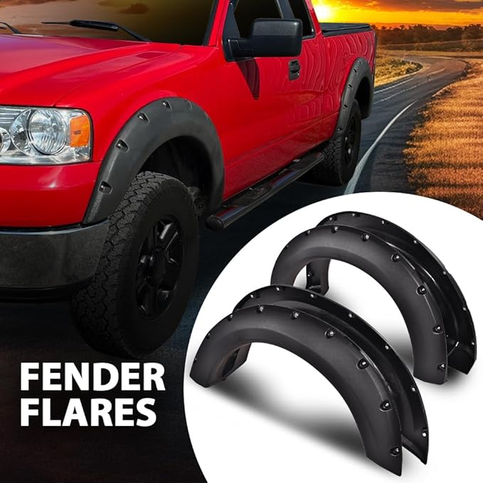 4PCS Fender Flares Fit for Ford F150 Styleside 2004-2008 & 2007-2008 Lincoln Mark LT with 66.0"/ 67.0"/ 78.0"/ 96.0" Bed Length Models Only Textured Rivet Style Wheel Cover Accessories