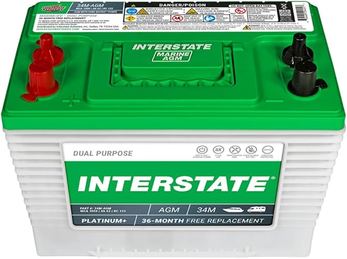 Interstate Batteries Marine/RV Battery 12V 62Ah 800CCA (34M-AGM) Dual Purpose Power Pure Lead AGM RV & Marine Starting Replacement Battery (Group Size 34M) Boats, RV's