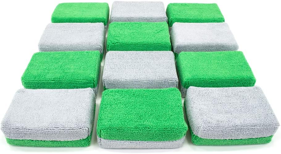 Autofiber Thick [Saver Applicator Terry] Ceramic Coating Applicator Sponge | 12 Pack | with Plastic Barrier to Reduce Product Waste. (Green/Gray)