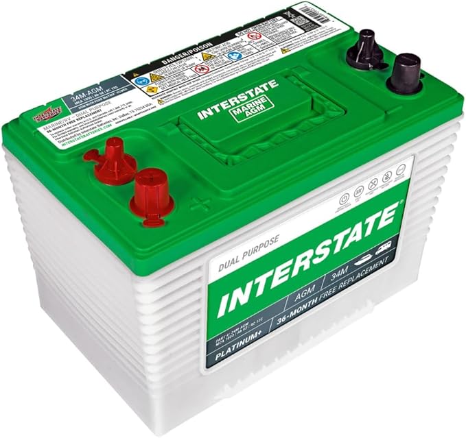 Interstate Batteries Marine/RV Battery 12V 62Ah 800CCA (34M-AGM) Dual Purpose Power Pure Lead AGM RV & Marine Starting Replacement Battery (Group Size 34M) Boats, RV's