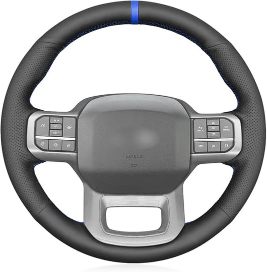 MEWANT Hand Sew Black Genuine Leather Steering Wheel Cover for Ford F150 Lightning F350 F450 Expedition 2022-2024