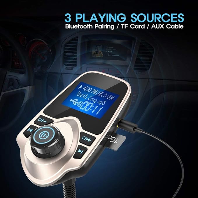 Nulaxy Bluetooth Car FM Transmitter Audio Adapter Receiver Wireless Handsfree Voltmeter Car Kit TF Card AUX 1.44 Display - KM18 Golden
