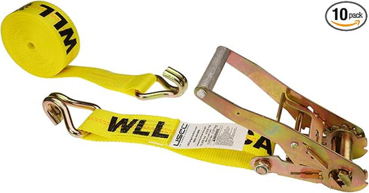 US Cargo Control J Hook Ratchet Straps 2 Inch x 18 Foot (10-Pack), 10,000 LBS Break Strength, Heavy Duty Ratchet Straps with Double J-Hooks, Versatile Tie Downs for Trucks, Trailers, Securing Cargo