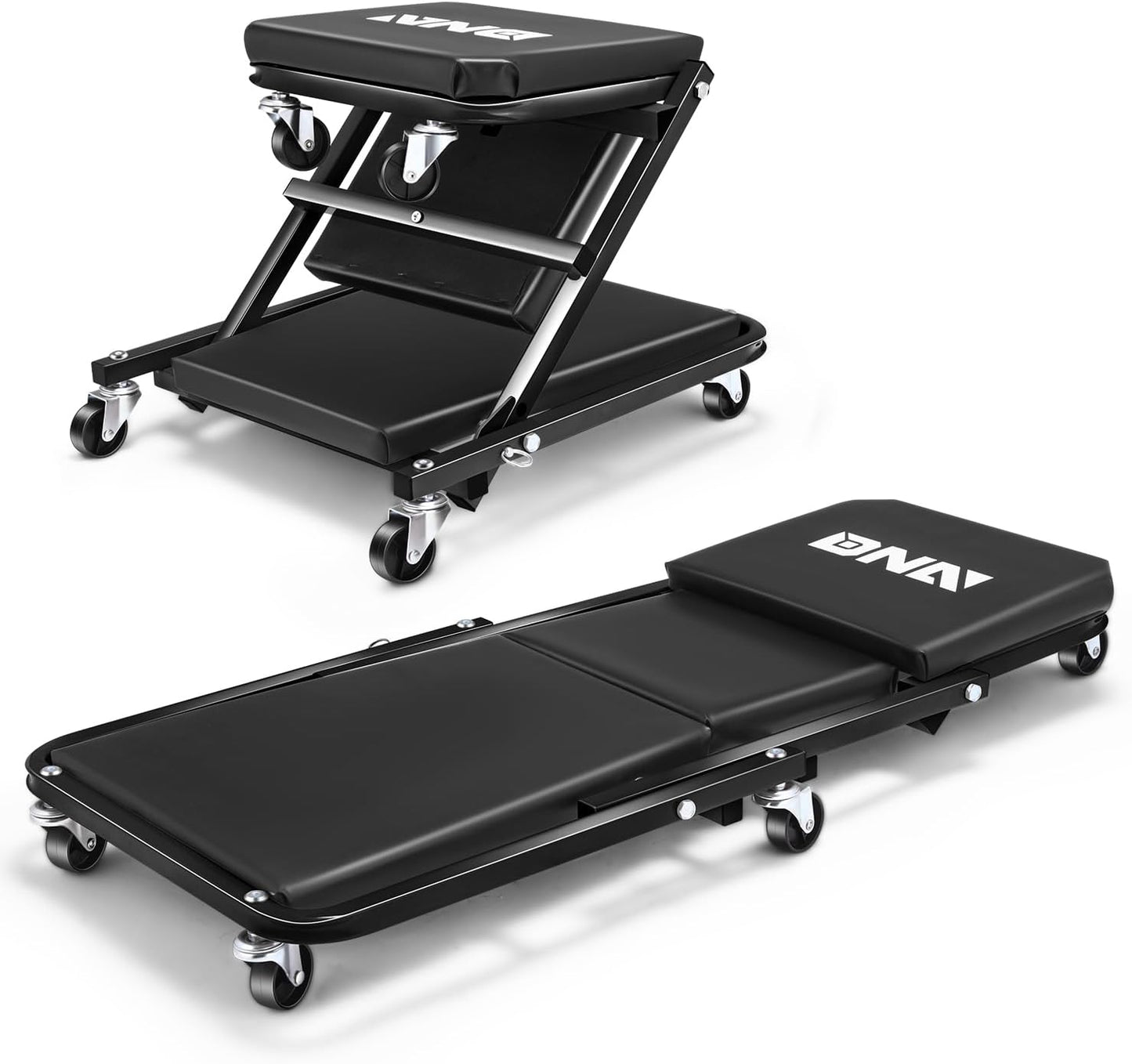 DNA MOTORING 36 Inches Folding 2 in 1 Rolling Z Creeper, Adjustable Roller Garage Chair Lay Down or Sit, 6 Pcs Casters, 330 LBS / 150kg Weight Capacity, Black, TOOLS-00493