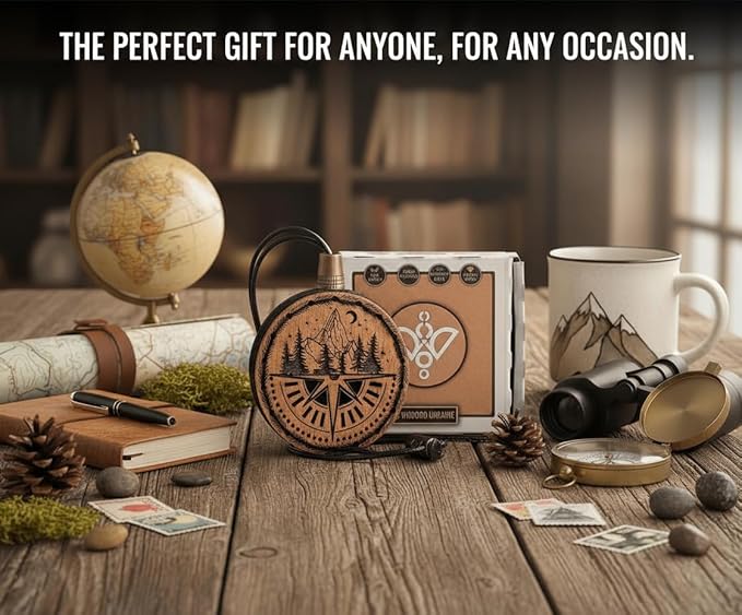 Wood Car Air Freshener — Compass Mountains — Handmade Unscented DIY Essential Oil Hanging Diffuser with Felt Insert — Add Your Own Oils — Refillable — Car/Truck/SUV — Cardboard Box