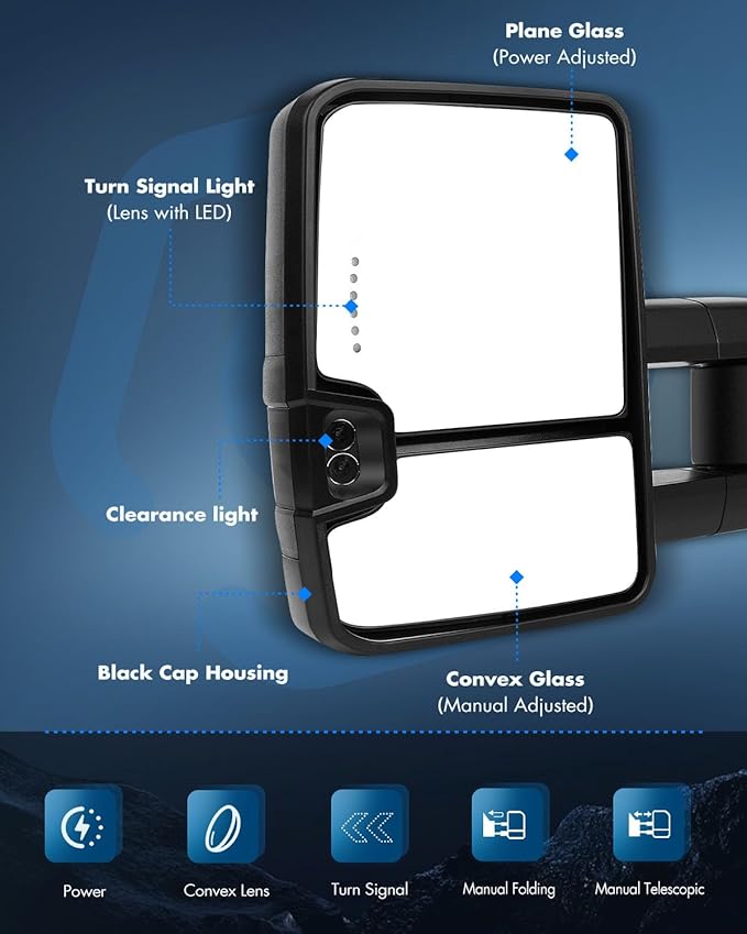 ECCPP Towing Mirrors for 1988-98 for Chevy for GMC for C/K 1500 2500 3500 Black Cover Power LED Turn Signal Pickup Mirrors