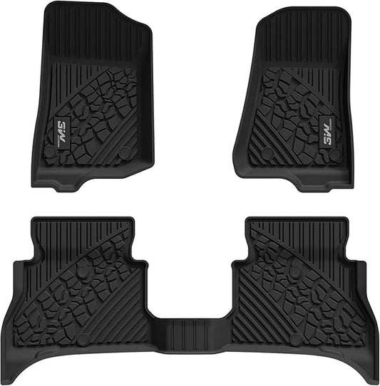 3W Floor Mats Fit for Jeep Wrangler 4XE 2021-2024 2025 Hybrid 4 Door (Non JL or JK), Black All-Weather TPE Floor Liner for 1st and 2nd Row Full Set Car Mats, Grey Logo