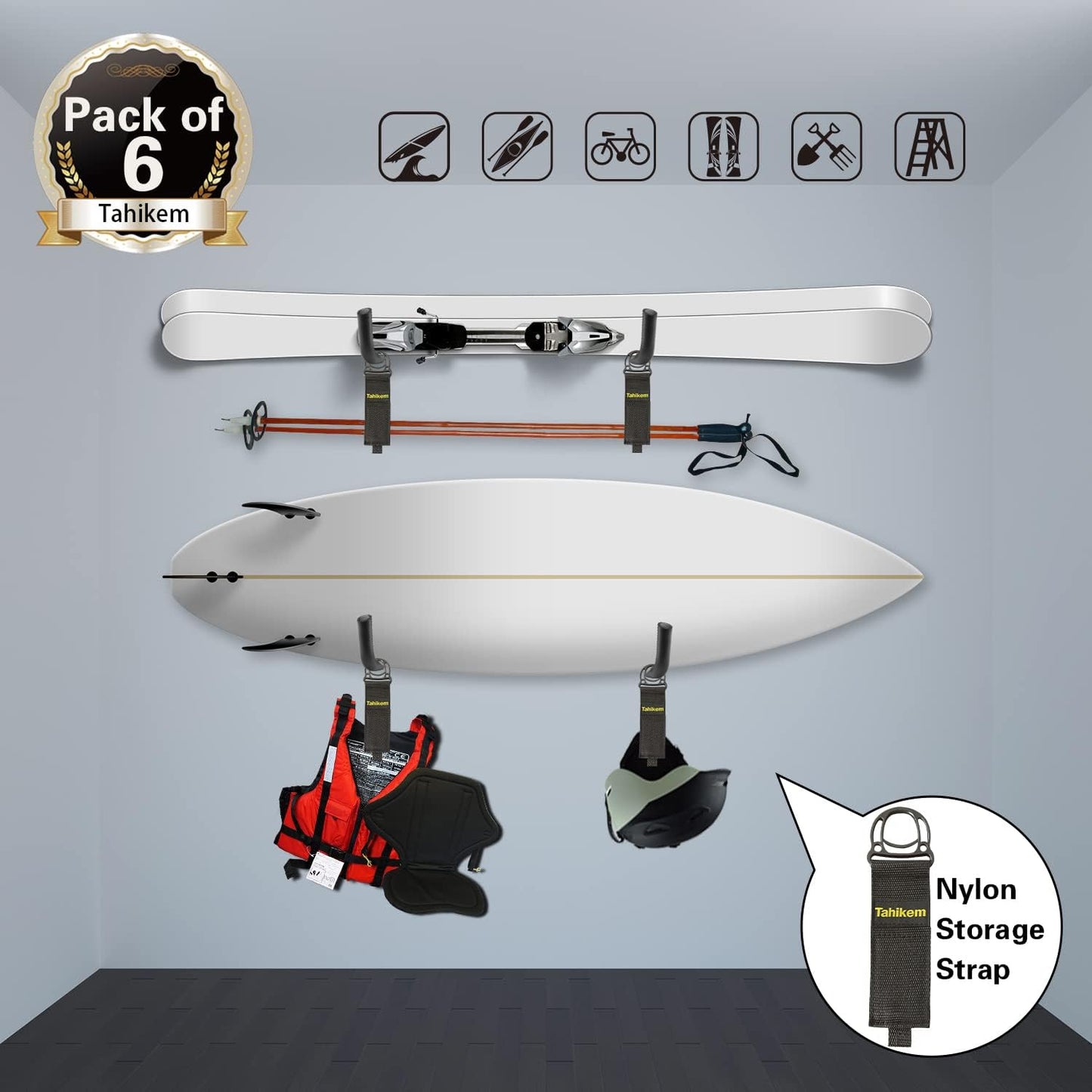 6 Set Garage Wall Mounts, 9 Large Wall J Hooks, Black - Heavy Duty Extension Cord Hangers for Ladders, Mowers, Cables