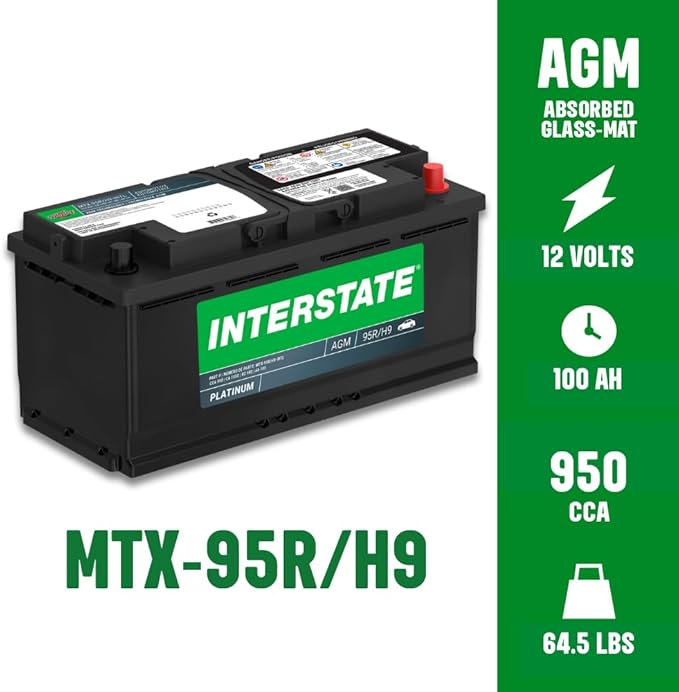 Interstate Batteries Automotive Battery 12V 100Ah (Group Size H9, 95R) 950CCA SLI AGM Automobile Replacement Battery for Cars, SUVs, Sedans, Trucks (MTX-95R/H9)