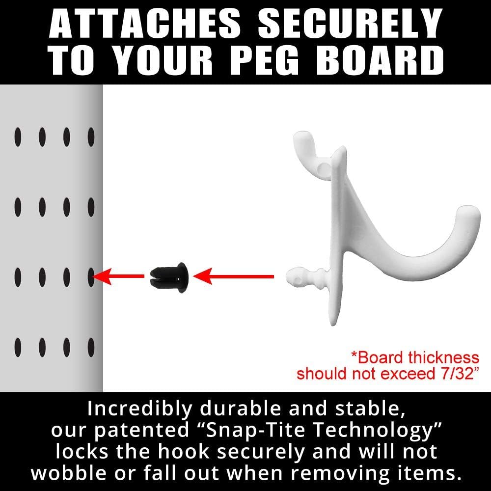PegPro® J Hooks Kit for Standard “Wood Fiber” pegboard – Durable Plastic Pegboard Hooks - for Garage, Kitchen, Craft Room, and More (J Hook - 24 Pack, White)