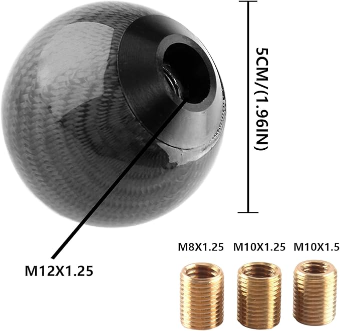 Round Ball Shift Knob 5 6 Speed Carbon Fiber Gear Shifter Knob for Manual Automatic Vehicles with Adapters M12x1.25 M8x1.25, M10x1.25, M10x1.5 (Black)