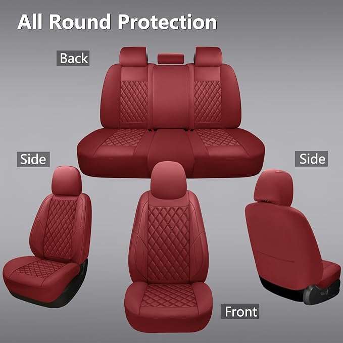 Premium Leather Car Seat Covers Full Set,Universal Fit for Cars,Trucks&SUVs,Waterproof Car Seat Cushion,Full Coverage Car Seat Protector with 5 Seats,Wine Red