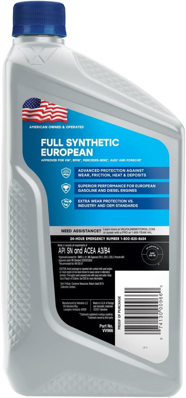 Valvoline European Vehicle Full Synthetic SAE 5W-40 Motor Oil 1 QT (Pack of 2)