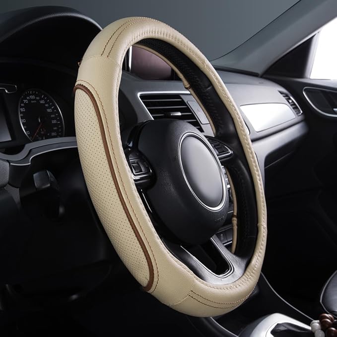 CAR PASS Line Rider Universal Fit Delux Leather Steering Wheel Cover, for suvs,sedans,Vans,Trucks for 14.7" to 15" (Beige)