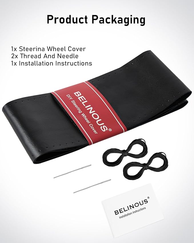 BELINOUS Leather Steering Wheel Cover Lace Up, Stitch On Wrap, Universal Fit 13-20 inch Car Truck SUV Pickup Boat, A Whole Piece of Cowhide, DIY Stitch w/Needle Thread (Size L6, Black)