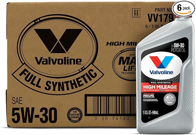 Valvoline Full Synthetic High Mileage with MaxLife Technology SAE 5W-30 Motor Oil 1 QT, Case of 6