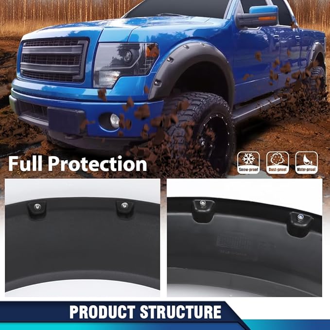 PIT66 Fender Flares Compatible with Ford F150 Styleside with 67.0"/78.8"/97.4" bed length models 2009-2014 (Do not fit Platinum and Raptor models) 4PCS Black Pocket Rivet Style Textured