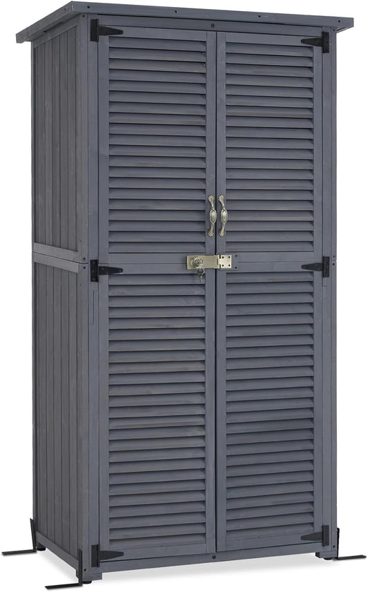 MCombo Outdoor Storage Cabinet, Wooden Storage Shed with Latch, Outside Garden Tool Shed with 2 Doors for Patio Yard Lawn, 0808 (Grey, Medium)